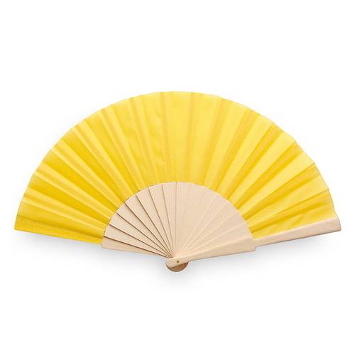 Abanico de tela y madera en caja amarillo
