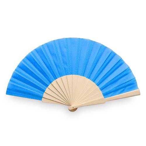 Abanico de tela y madera en caja azul