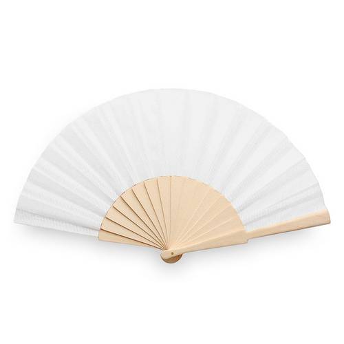 Abanico de tela y madera en caja blanco