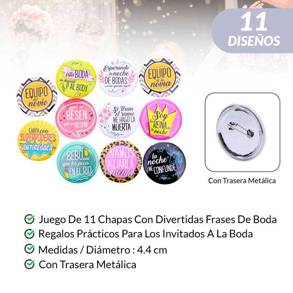 Lote 11 chapas frases wedding