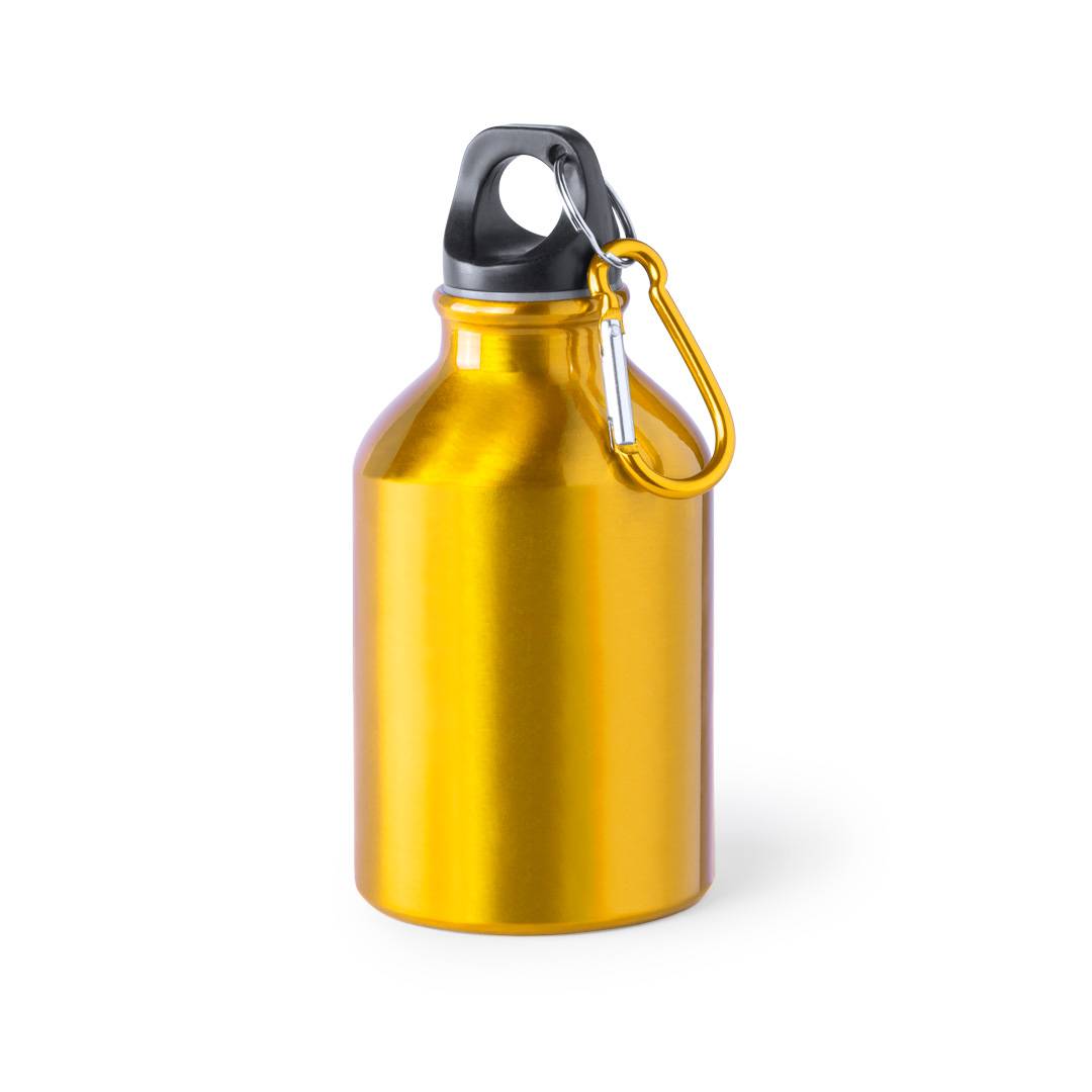 Bidón aluminio 330 ml con tapón y mosquetón amarillo