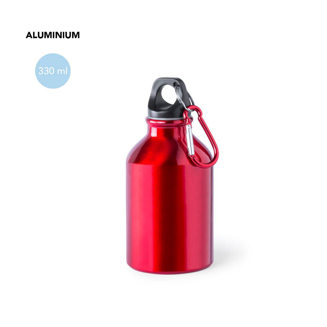 Bidón aluminio 330 ml con tapón y mosquetón rojo