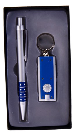 Set boligrafo + llavero linterna led estuche azul