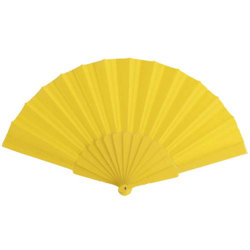 Abanico de tela y pvc presentado en caja amarillo