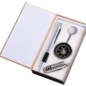 Bolígrafo + navaja + brújula en caja de madera