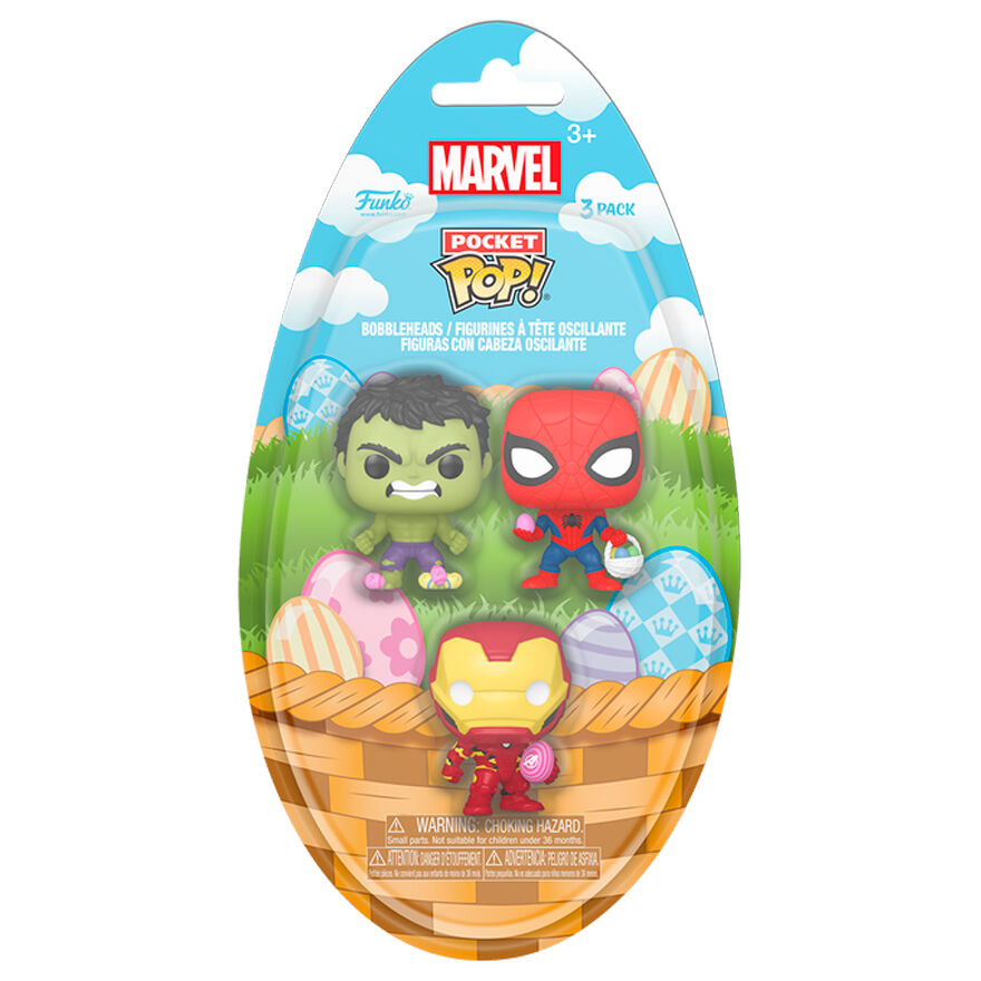 Blister 3 figuras Pocket POP Marvel Spiderman Hulk Iron Man Pascua