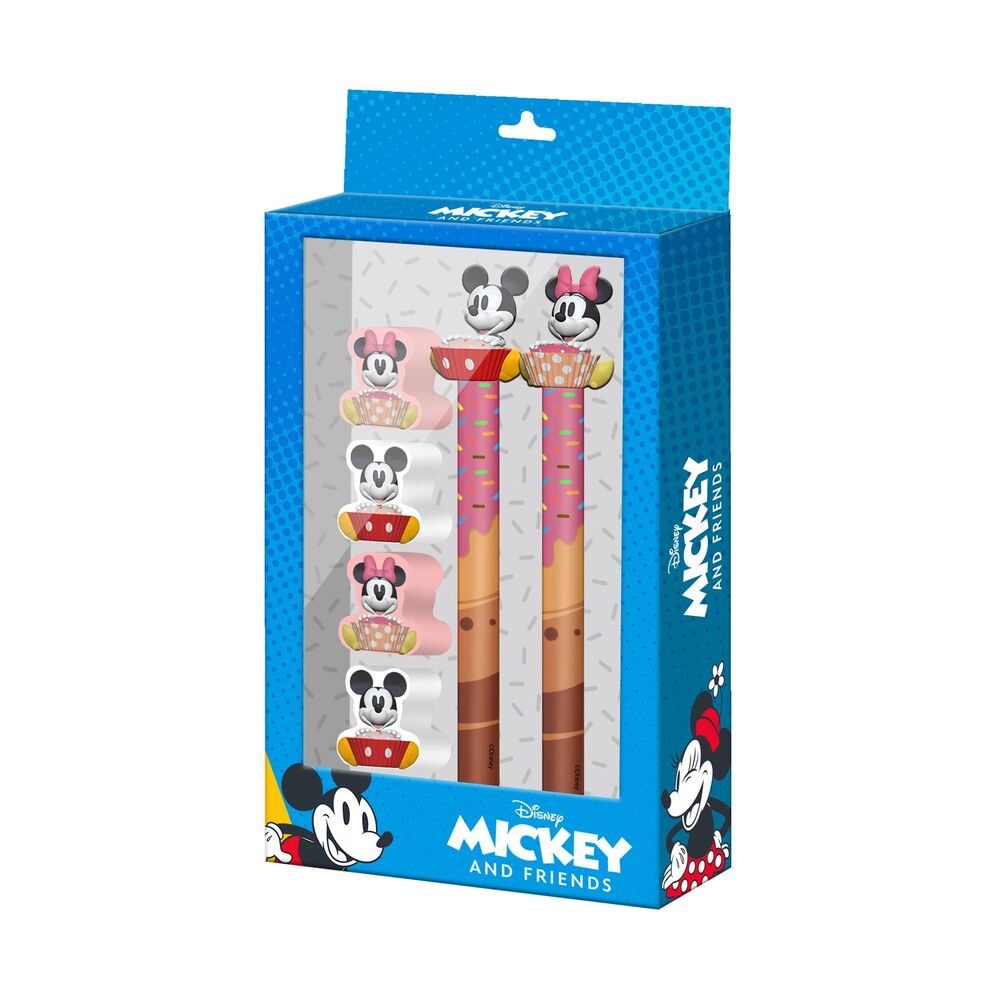 Blister Boligrafo + Lapiz + 4 gomas Mickey & Minnie Disney