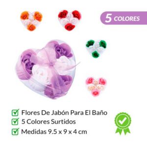 6 flores de jabon presentadas en estuche corazon