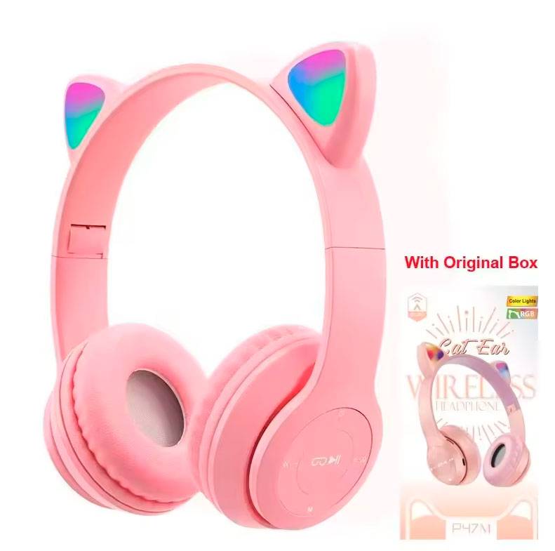 Cascos auriculares orejas inalámbricos rosa+caja