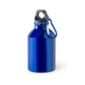 Bidón aluminio 330 ml con tapón y mosquetón azul