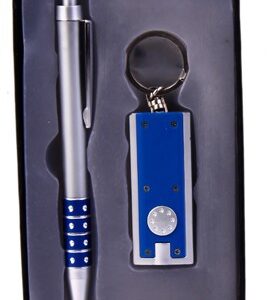Set boligrafo + llavero linterna led estuche azul