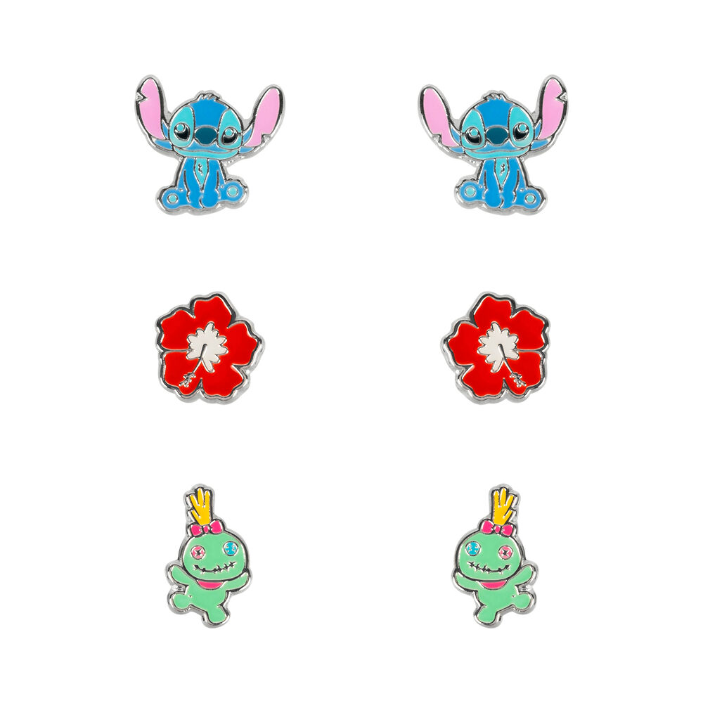 Set 3 Pares de pendientes Stitch Disney plata