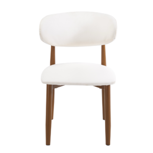Silla DACHAU, metal acabado de color madera, similpiel blanca