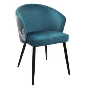 Silla LYDIA, metal, tapizado velvet azul con respaldo floral a juego