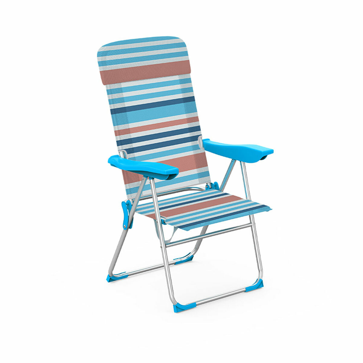Marbueno Silla Plegable 5 Posiciones Aluminio con Cojin Rayas Naranjas y Azules Playa y Piscina 69X58X110 cm 10465
