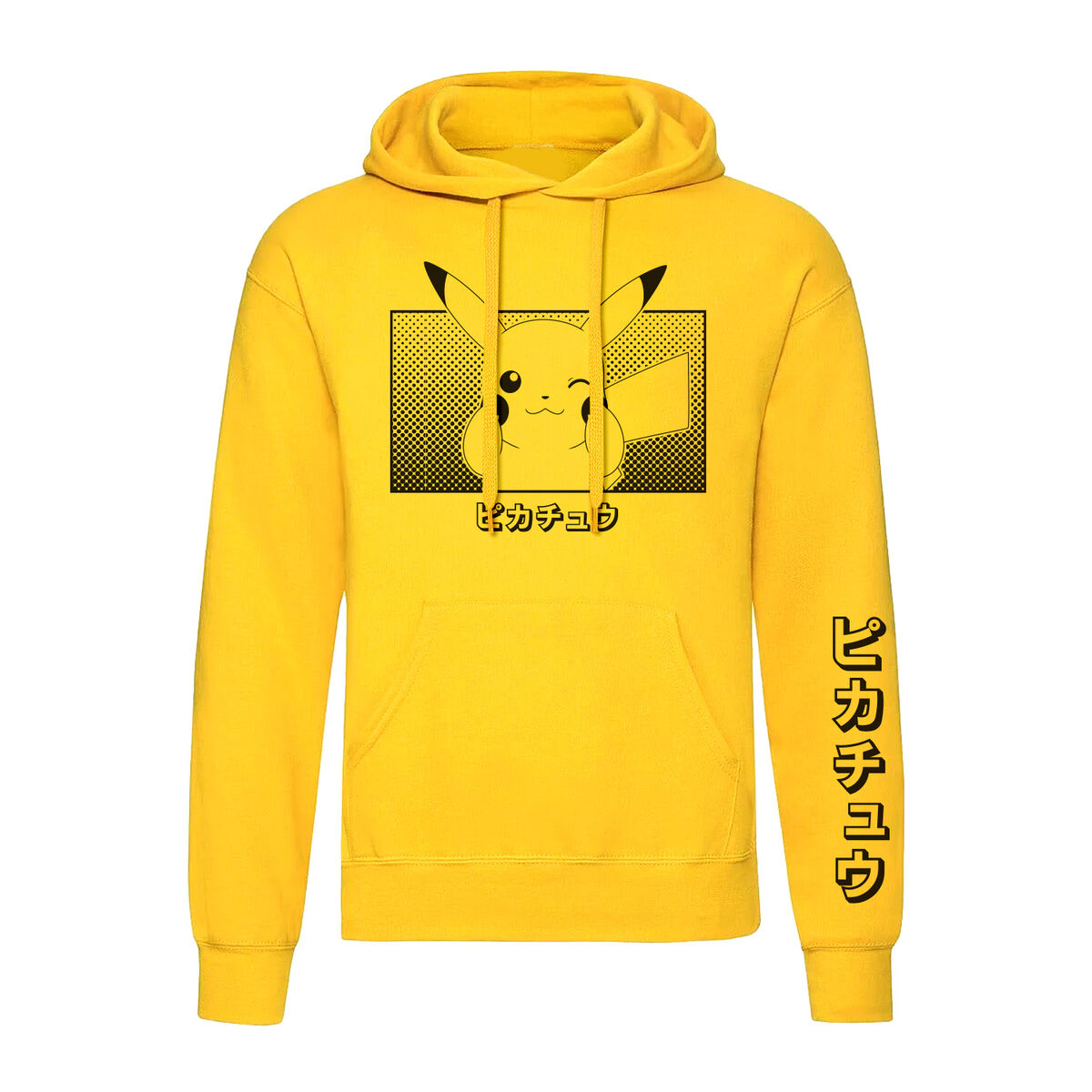 Sudadera con Capucha Unisex Pokémon Pikachu Katakana Amarillo (Tallas: S-M-L-XL-XXL)